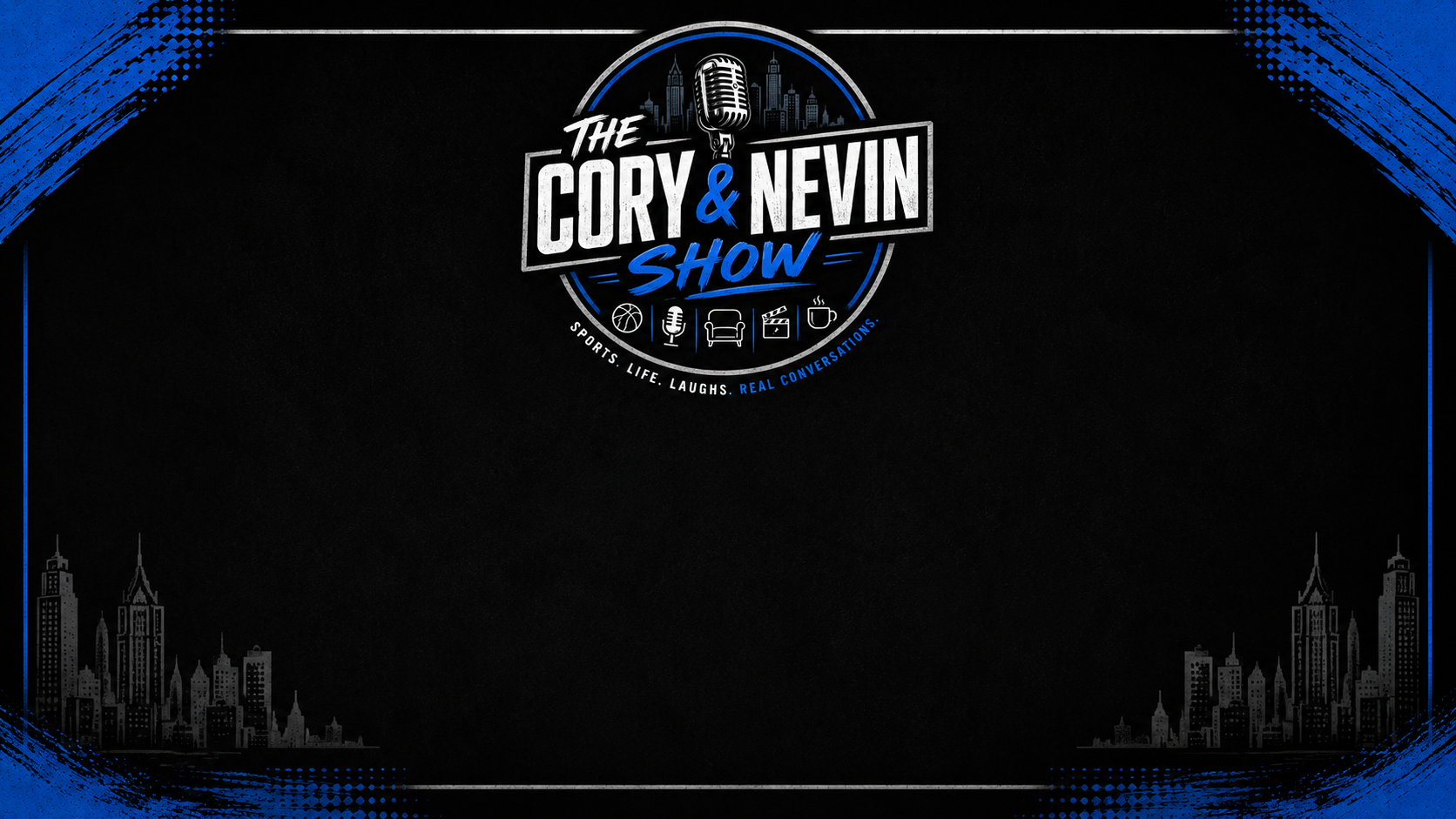 The Cory and Nevin Show logo with a black and electric-blue Detroit-inspired design